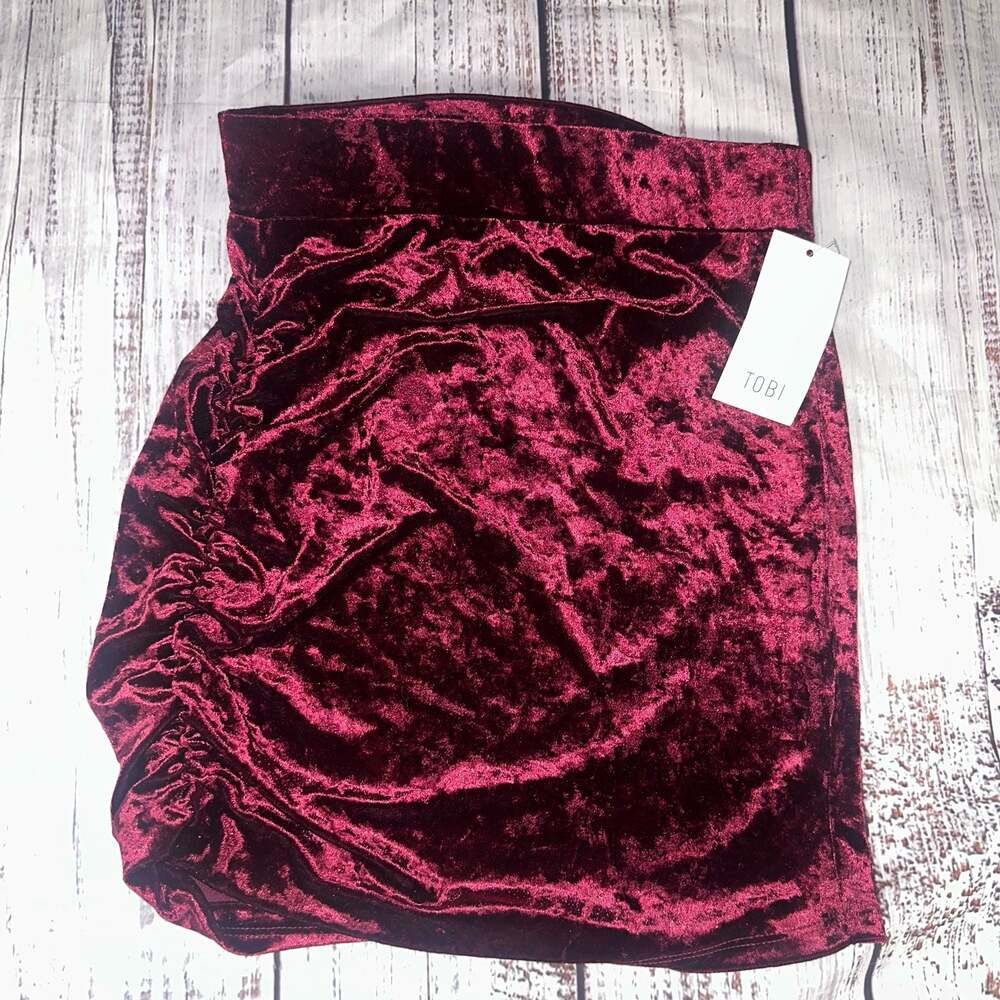 Tobi Burgundy Crushed Velvet Goth Y2K glam Ruched Mini Skirt-S